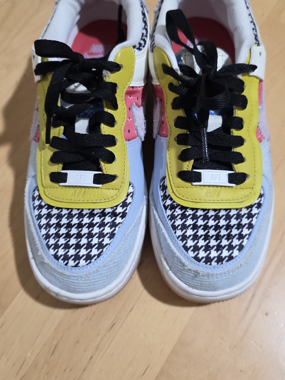 Nike Womens Air Force 1 Multicolor Houndstooth Sneakers — Yellow & Pink Accents